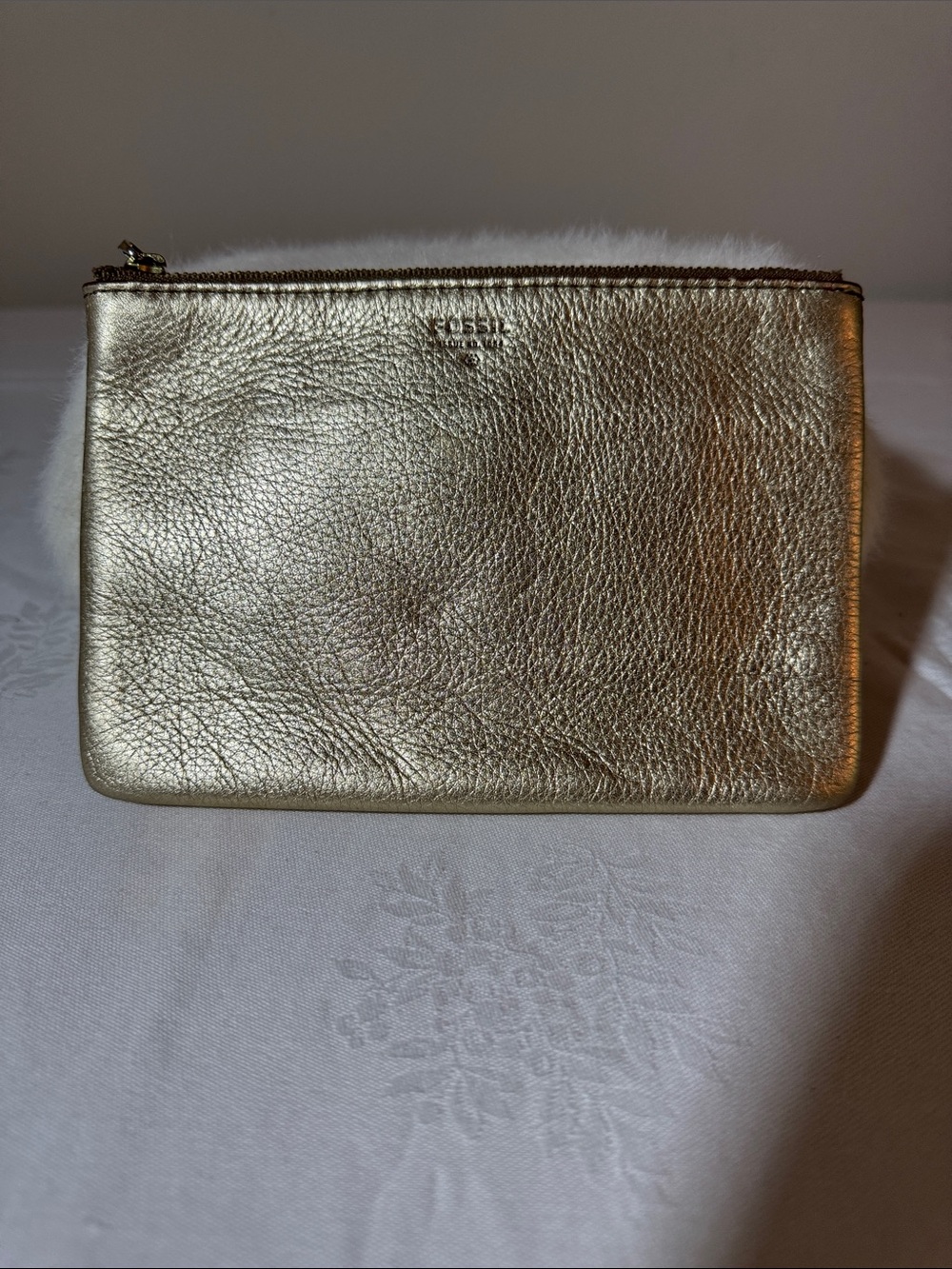Fossil Metallic Gold Leather Zip Pouch